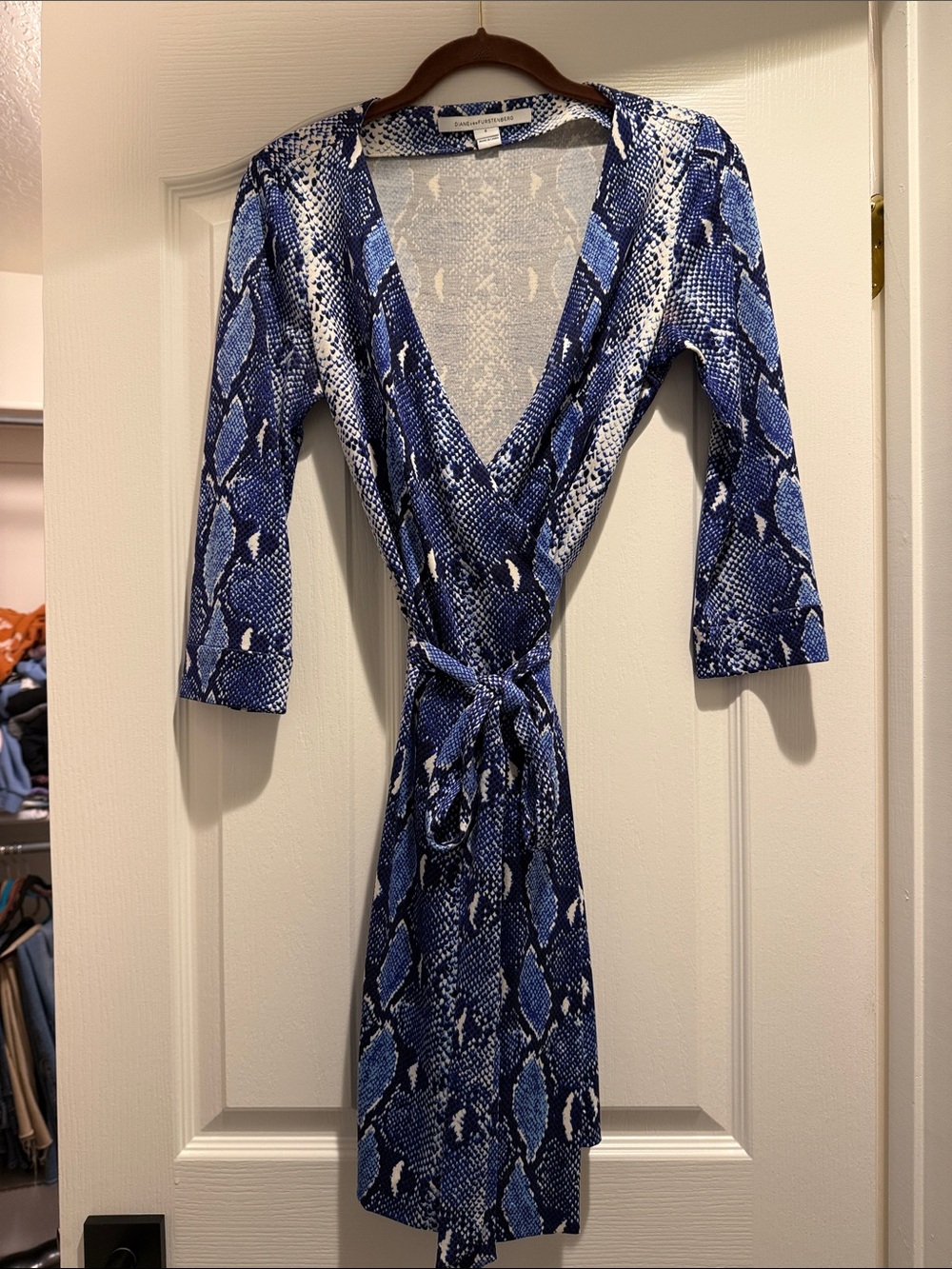 Diane Von Furstenberg Blue Snake-Print Long Sleeve Wrap Dress